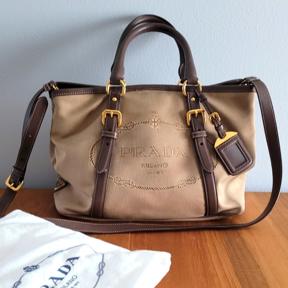 PRADA Logo Jacquard Canvas Tote Shoulder Hand Bag Crossbody